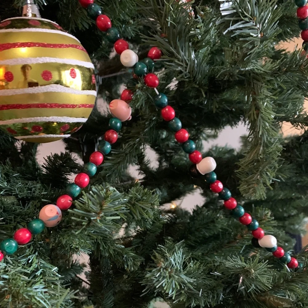 Vintage Christmas Tree Wooden Garland Hand Painted Cute 3‎ strands, about 27 ft